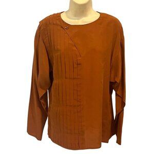 Vtg Oleg Cassini 100%Silk Brown Asymmetric Pleated Long Sleeve Blouse Top